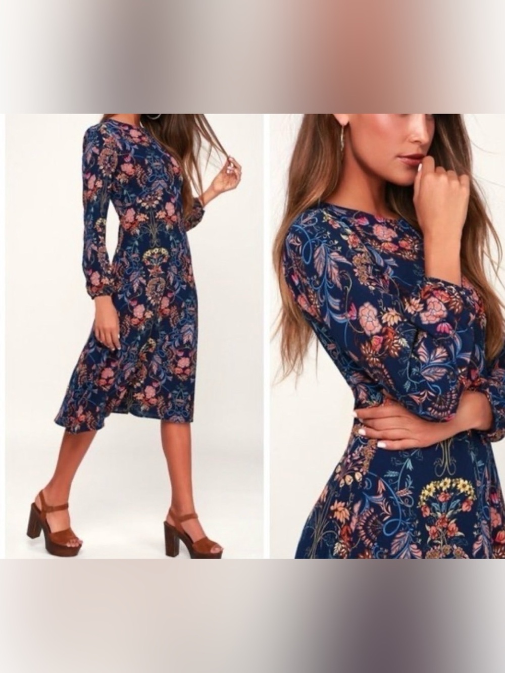 Floral Long-Sleeve Midi Dress in Navy by I. Madeline XS EUC